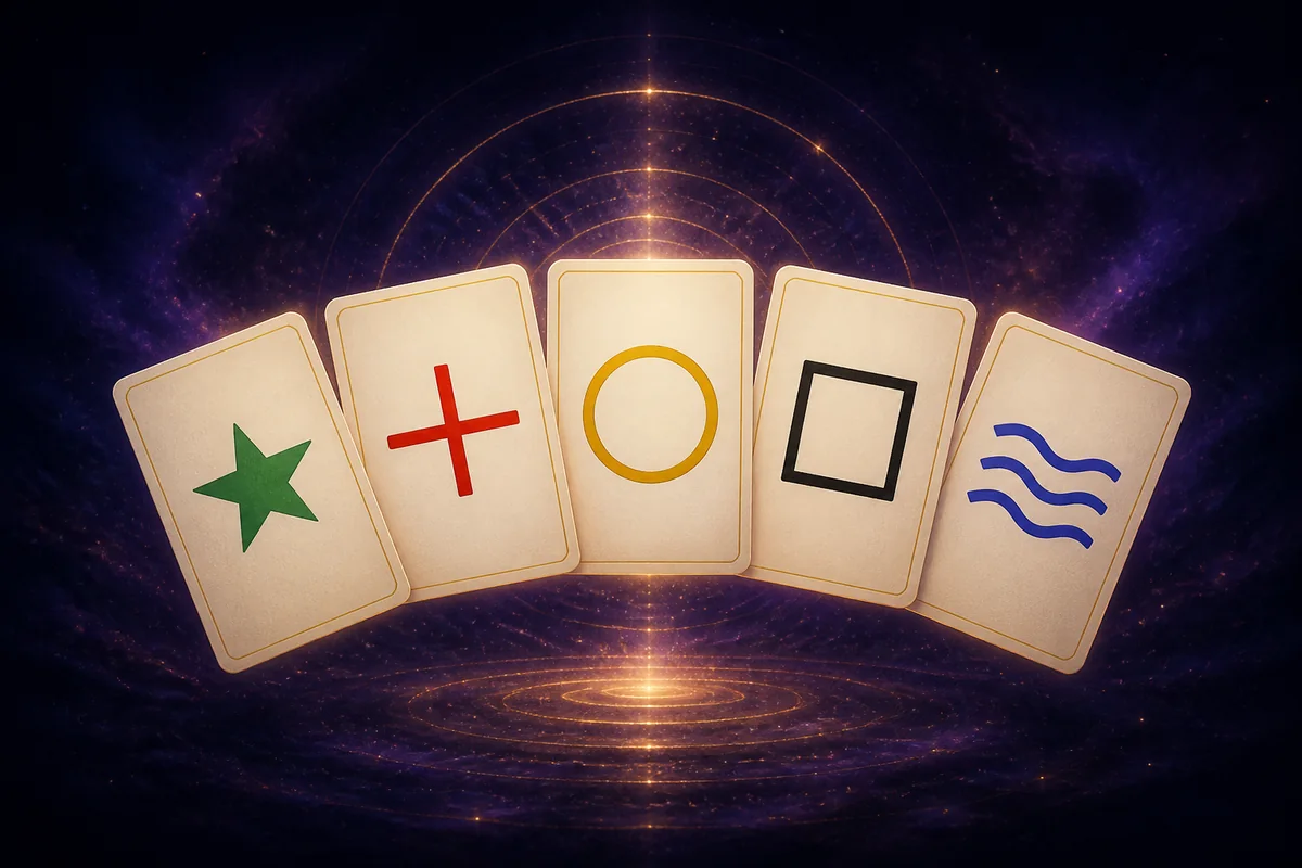 Five Zener cards showing a star, cross, circle, square and waves