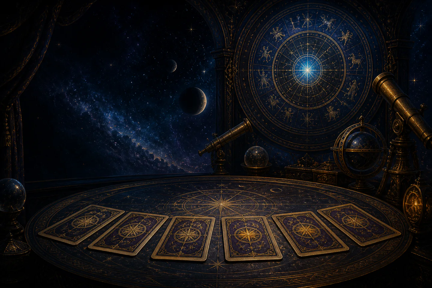 Celestial table with seven Astrological Tarot cards