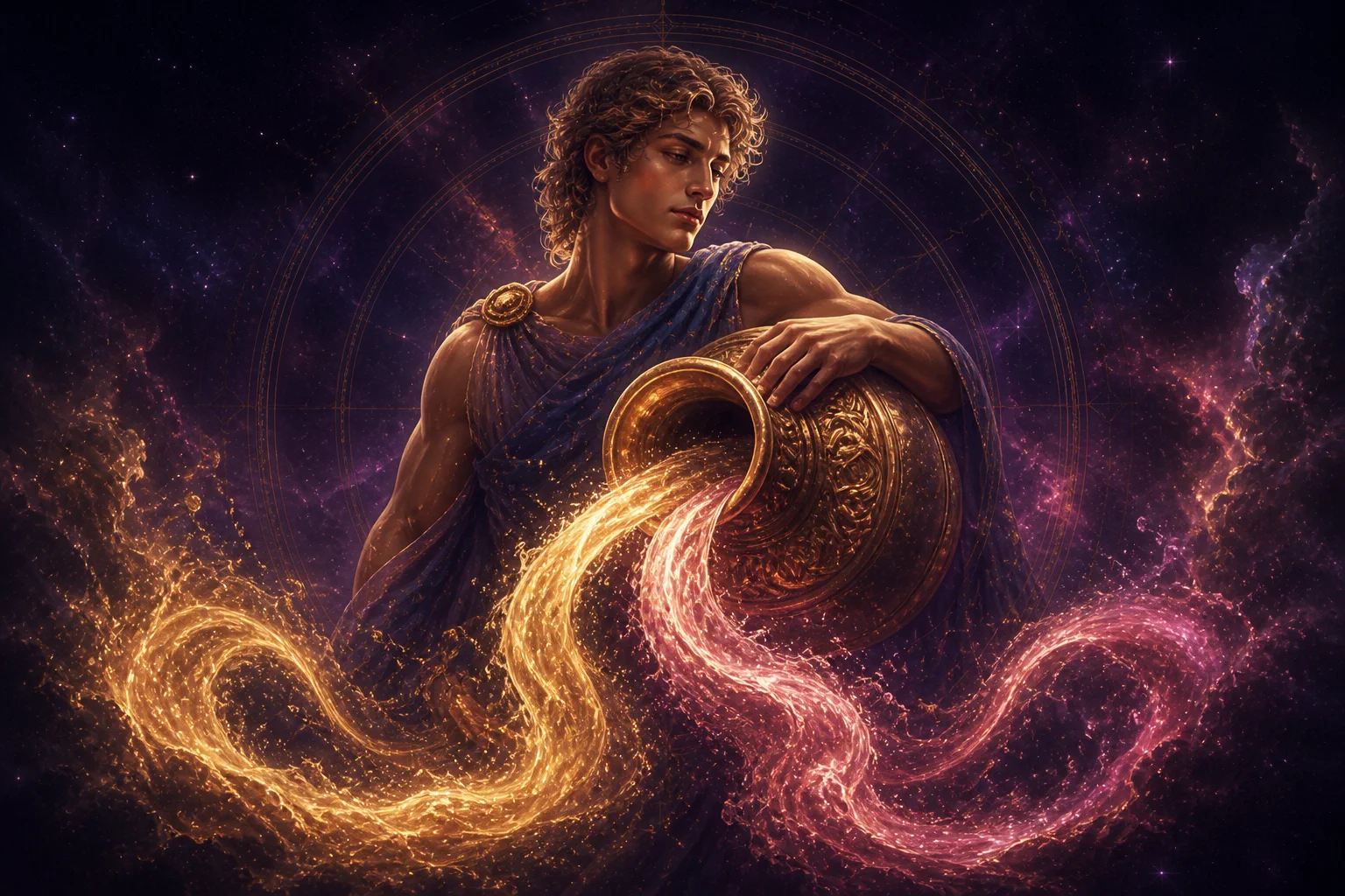 Aquarius in love, surrounded by golden and rose cosmic energy