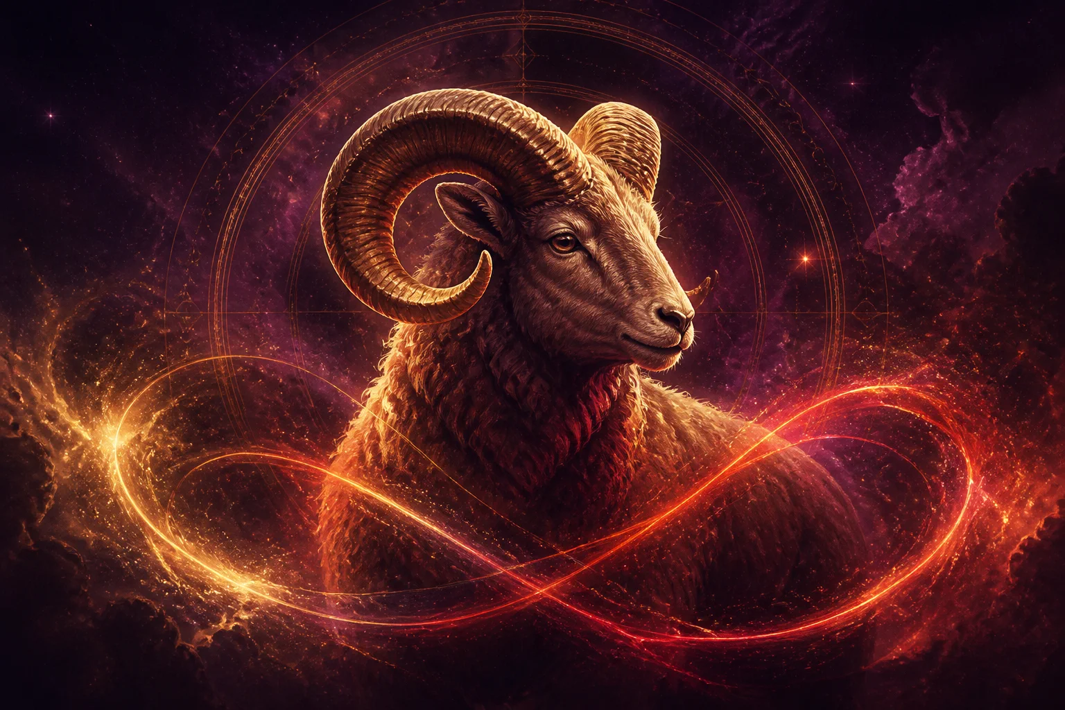 Aries in love, surrounded by golden and rose cosmic energy