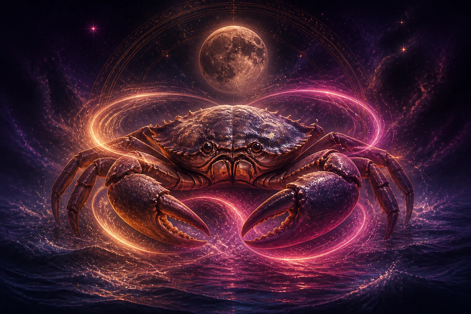 Cancer in love, surrounded by golden and rose cosmic energy