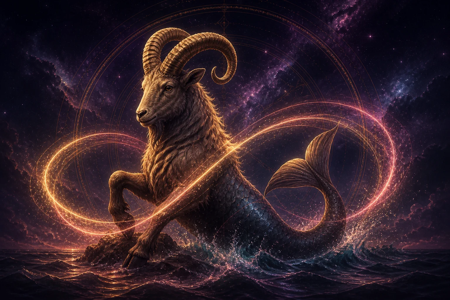 Capricorn in love, surrounded by golden and rose cosmic energy