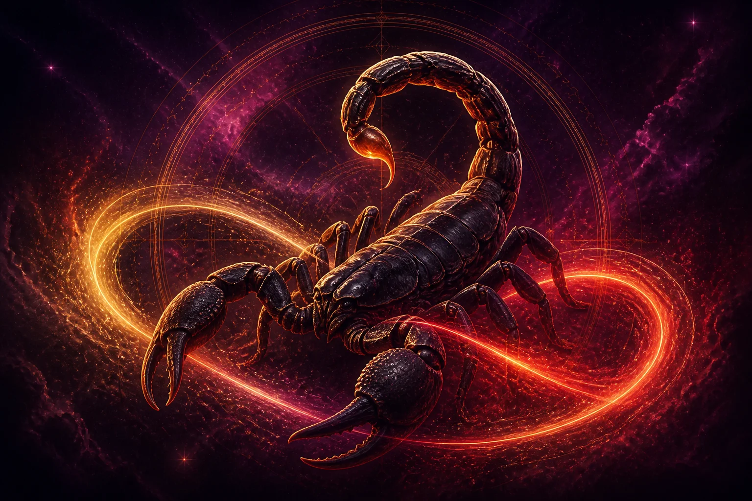 Scorpio in love, surrounded by golden and rose cosmic energy
