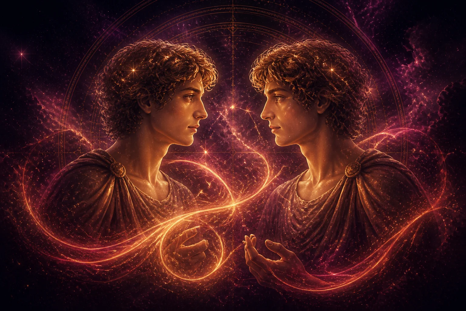 Gemini in love, surrounded by golden and rose cosmic energy
