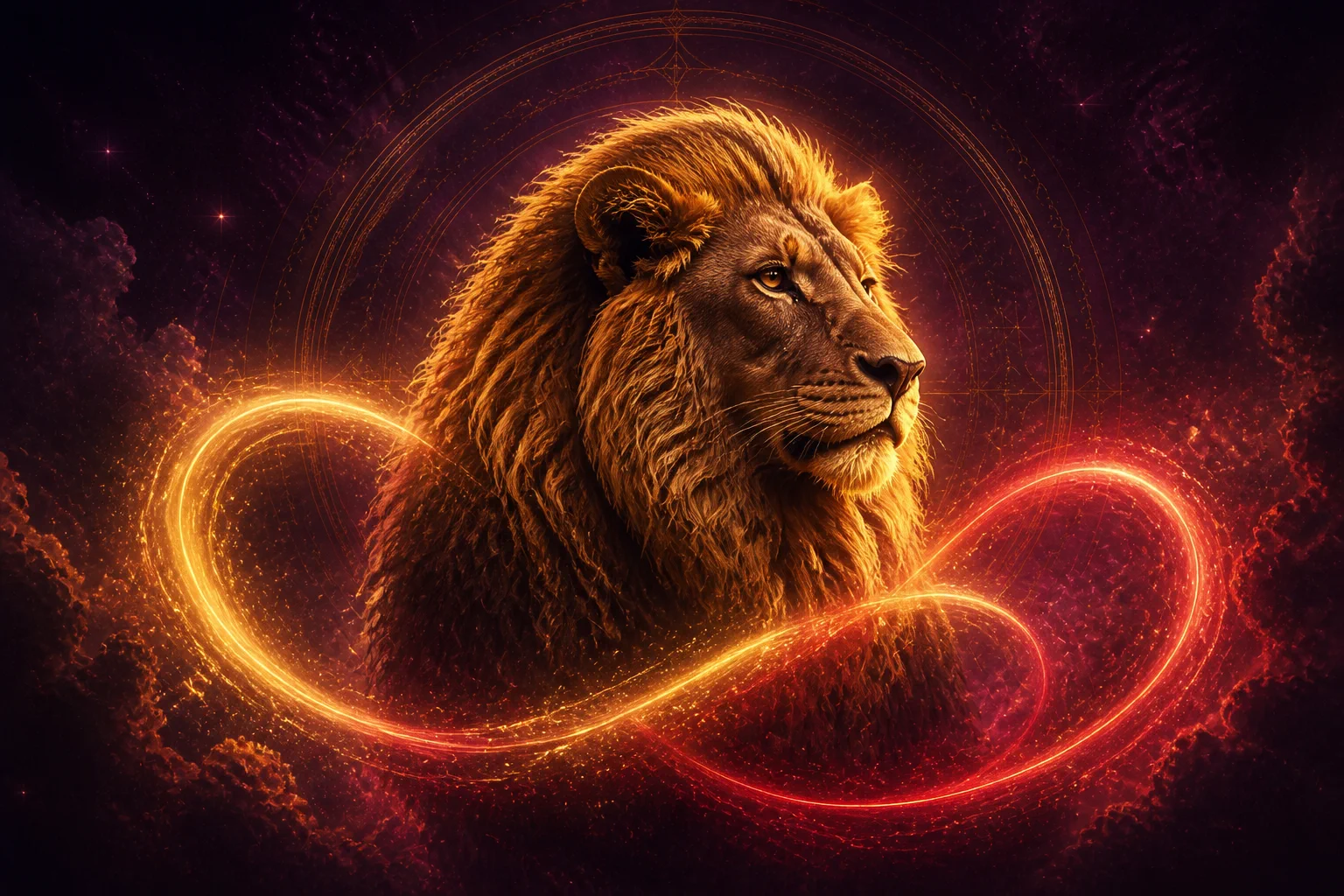 Leo in love, surrounded by golden and rose cosmic energy