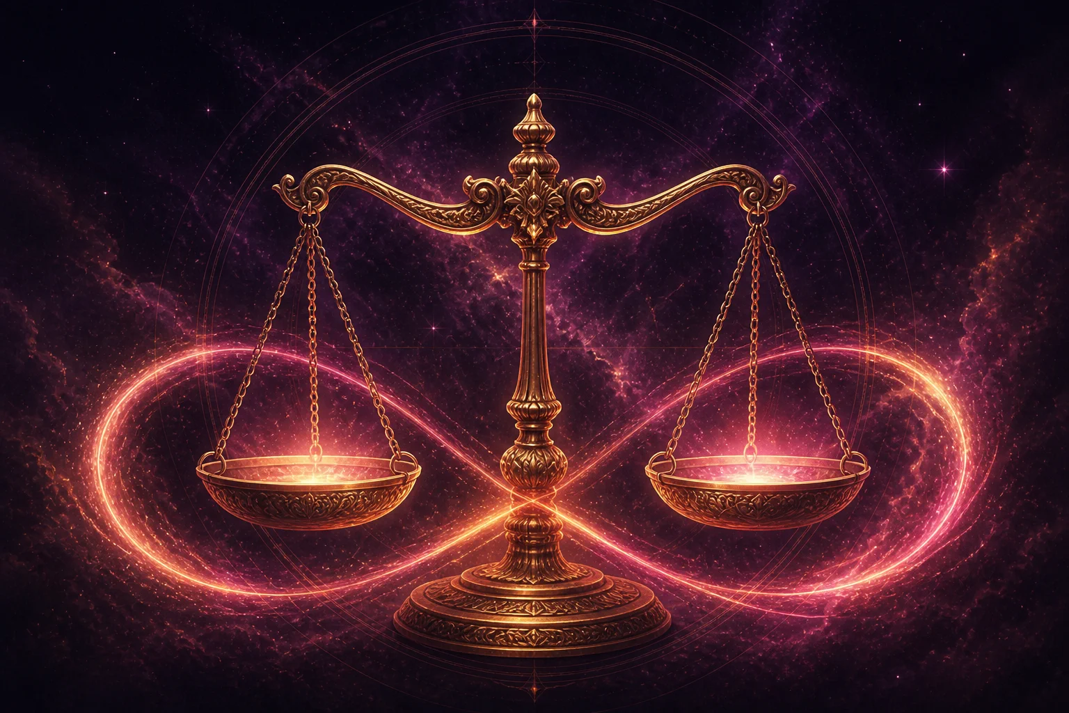 Libra in love, surrounded by golden and rose cosmic energy