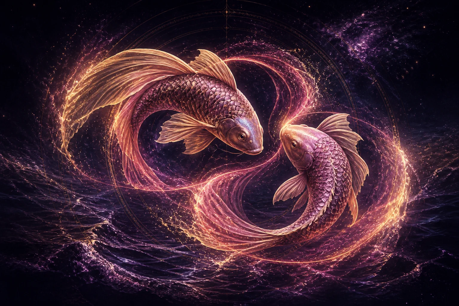 Pisces in love, surrounded by golden and rose cosmic energy