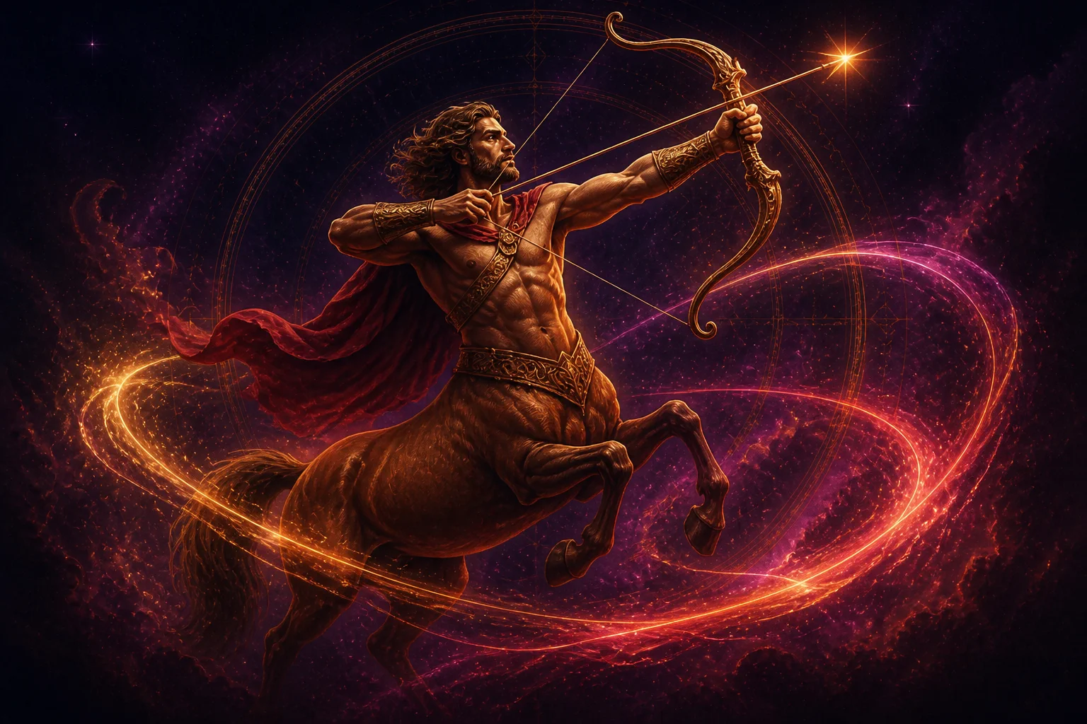 Sagittarius in love, surrounded by golden and rose cosmic energy