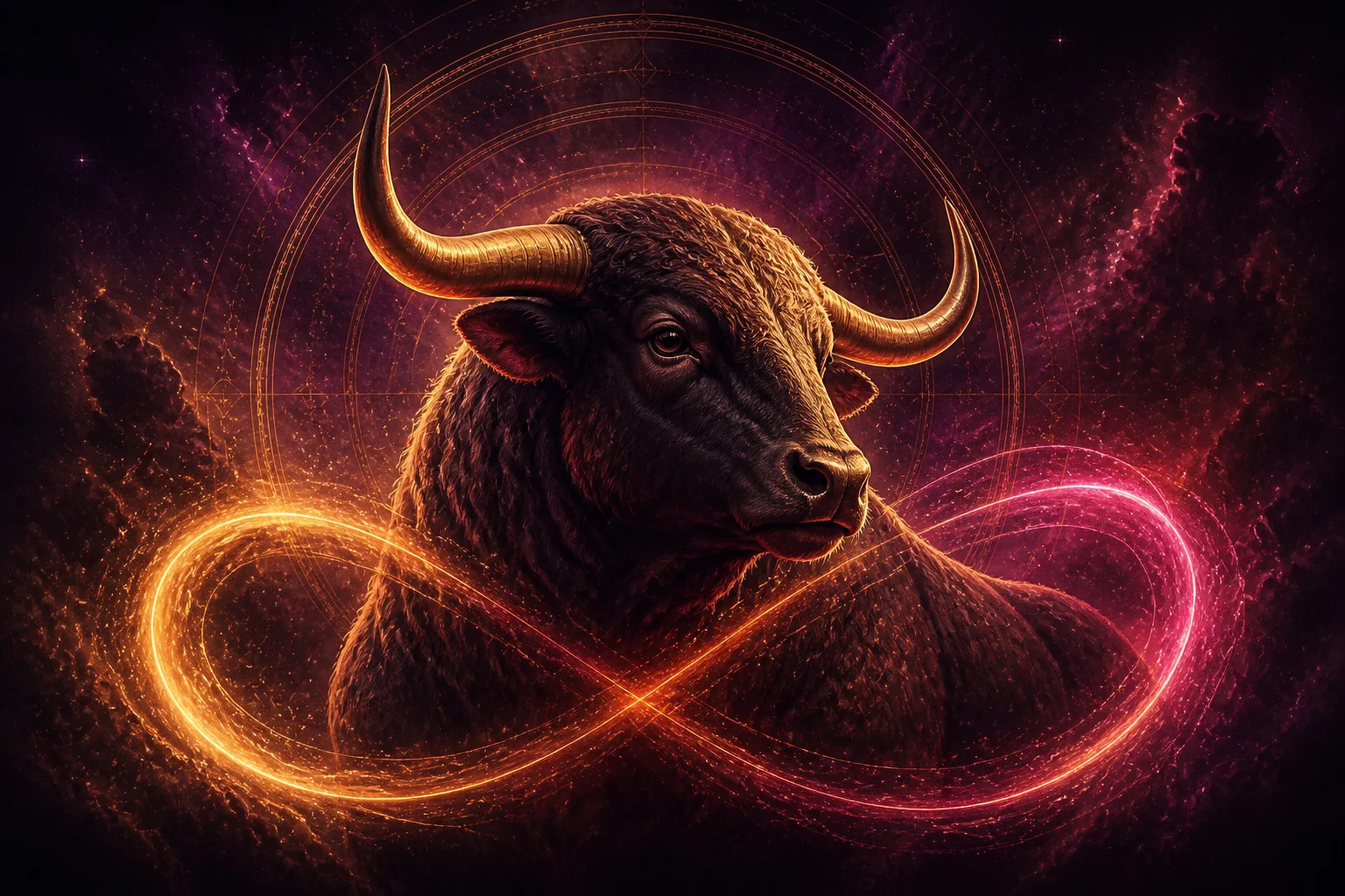 Taurus in love, surrounded by golden and rose cosmic energy
