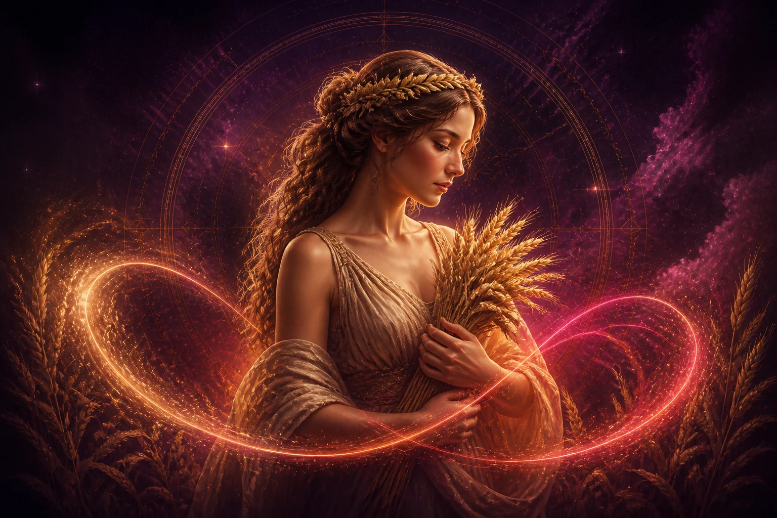 Virgo in love, surrounded by golden and rose cosmic energy